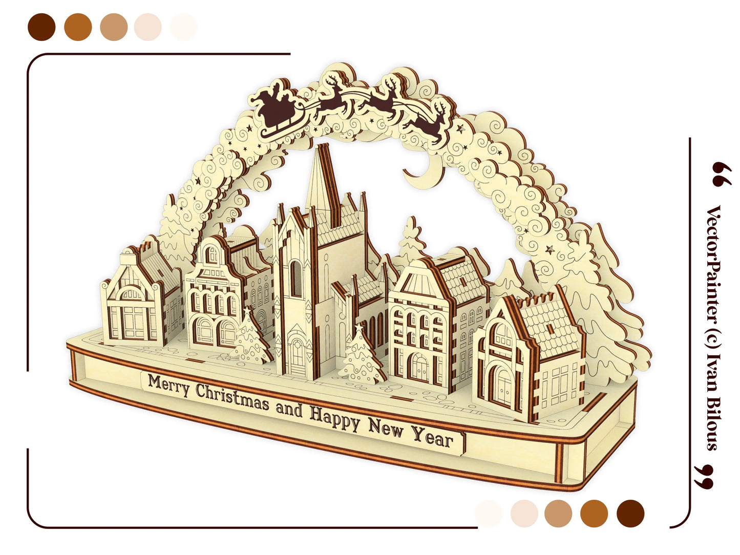 Staged perspective view of a tabletop 3D Christmas town arch featuring a decorative border, made of laser cut plywood layers.