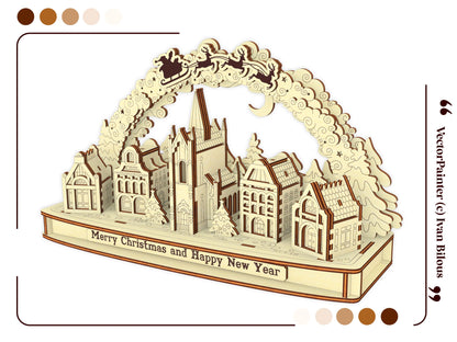 Staged perspective view of a tabletop 3D Christmas town arch featuring a decorative border, made of laser cut plywood layers.