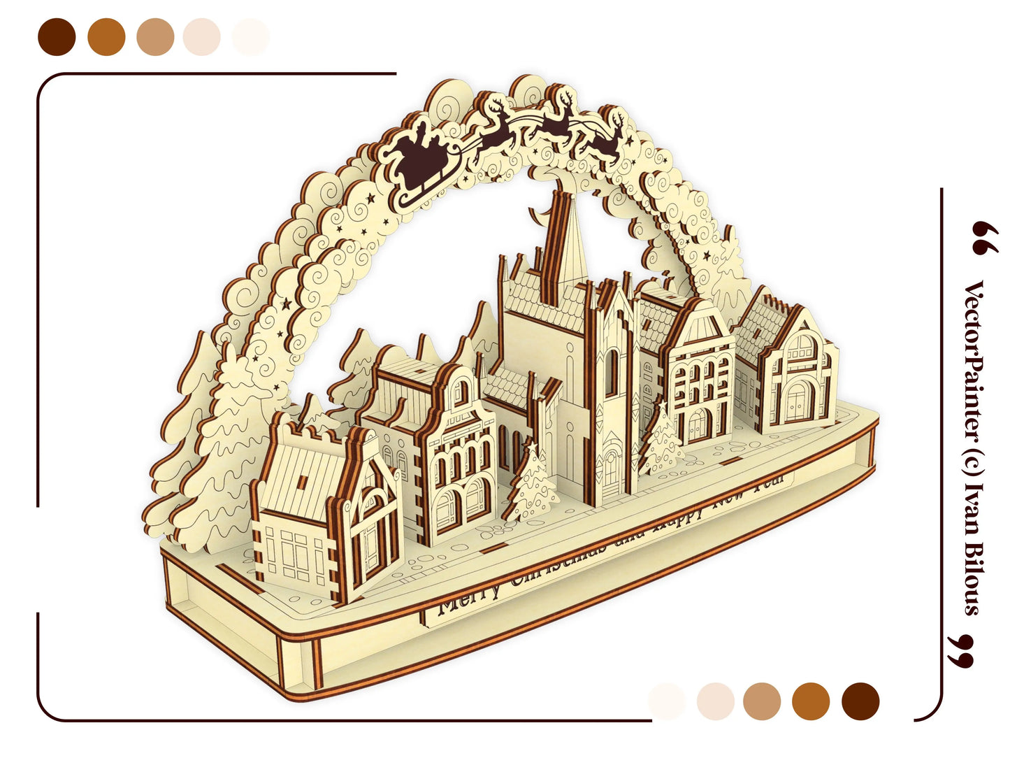 Angled 3D digital rendering of a festive Christmas village skyline archway display constructed from laser cut plywood.