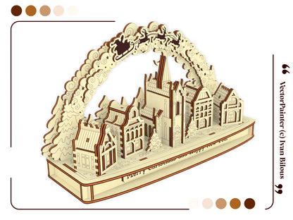 Angled 3D digital rendering of a festive Christmas village skyline archway display constructed from laser cut plywood.