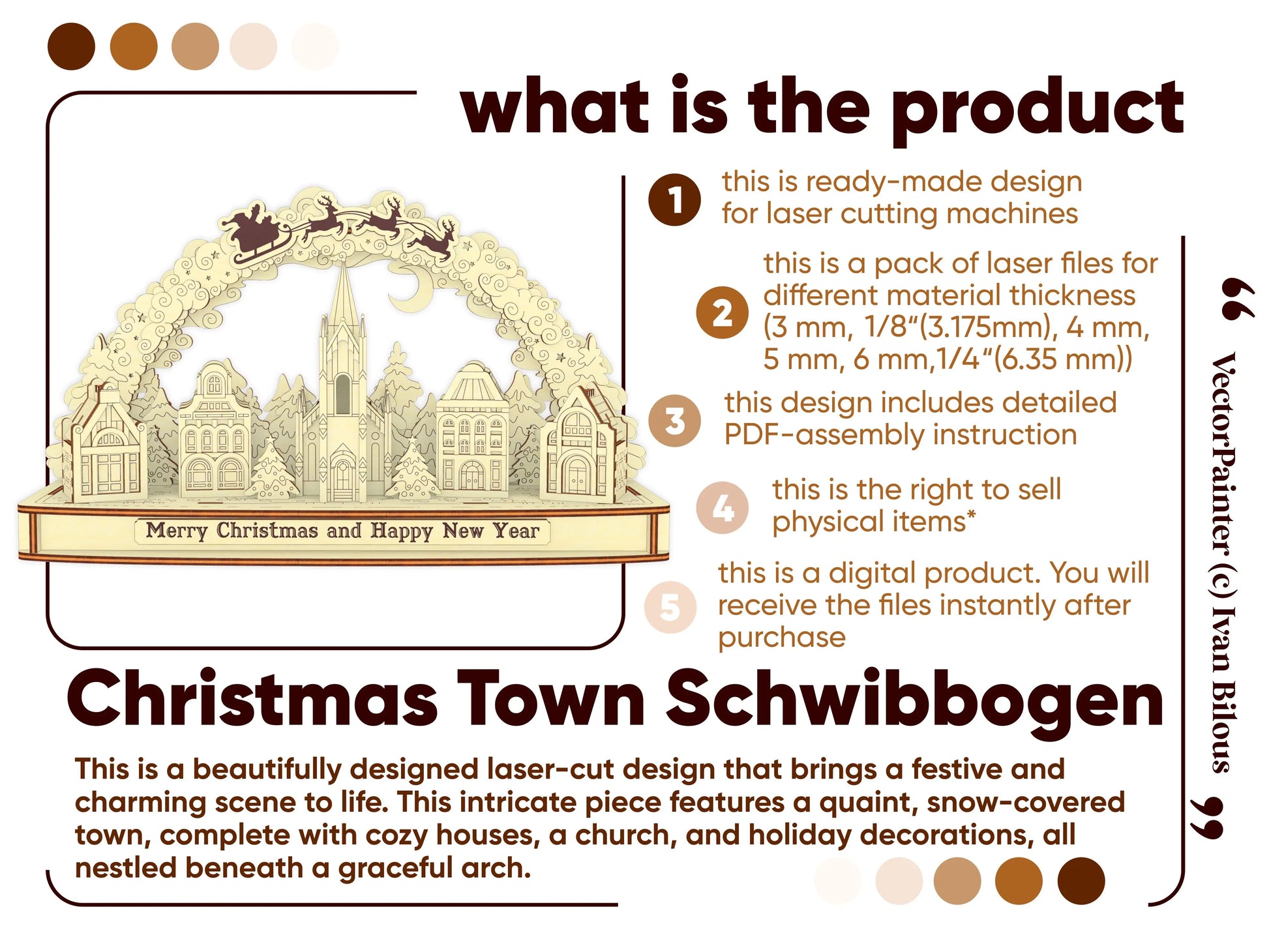 Digital product info infographic sheet detailing download specifications and a full 3D arch render of laser cut plywood.