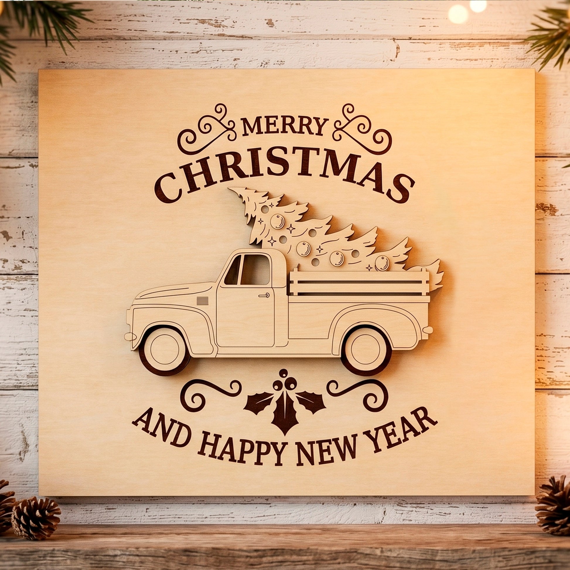 A laser cut plywood sign with engraved Christmas wishes and 3D truck, resting on a rustic wooden background.