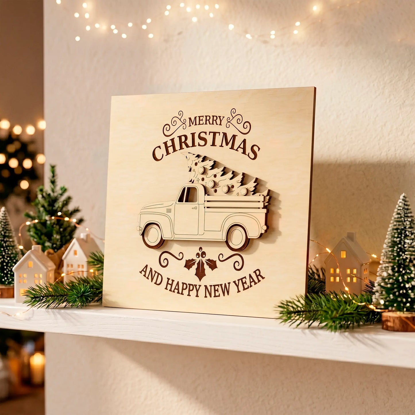 Laser cut plywood holiday sign standing on a white mantle shelf among tiny ceramic houses and warm fairy lights