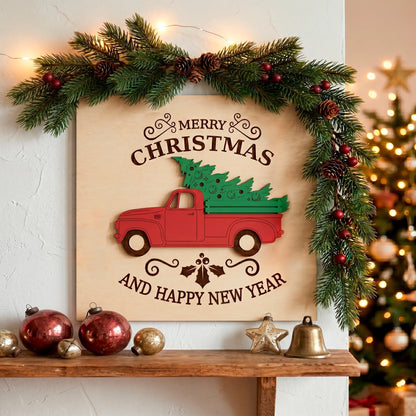 Laser cut plywood Christmas sign with a painted red truck and green tree on a shelf with ornaments and pine garland.