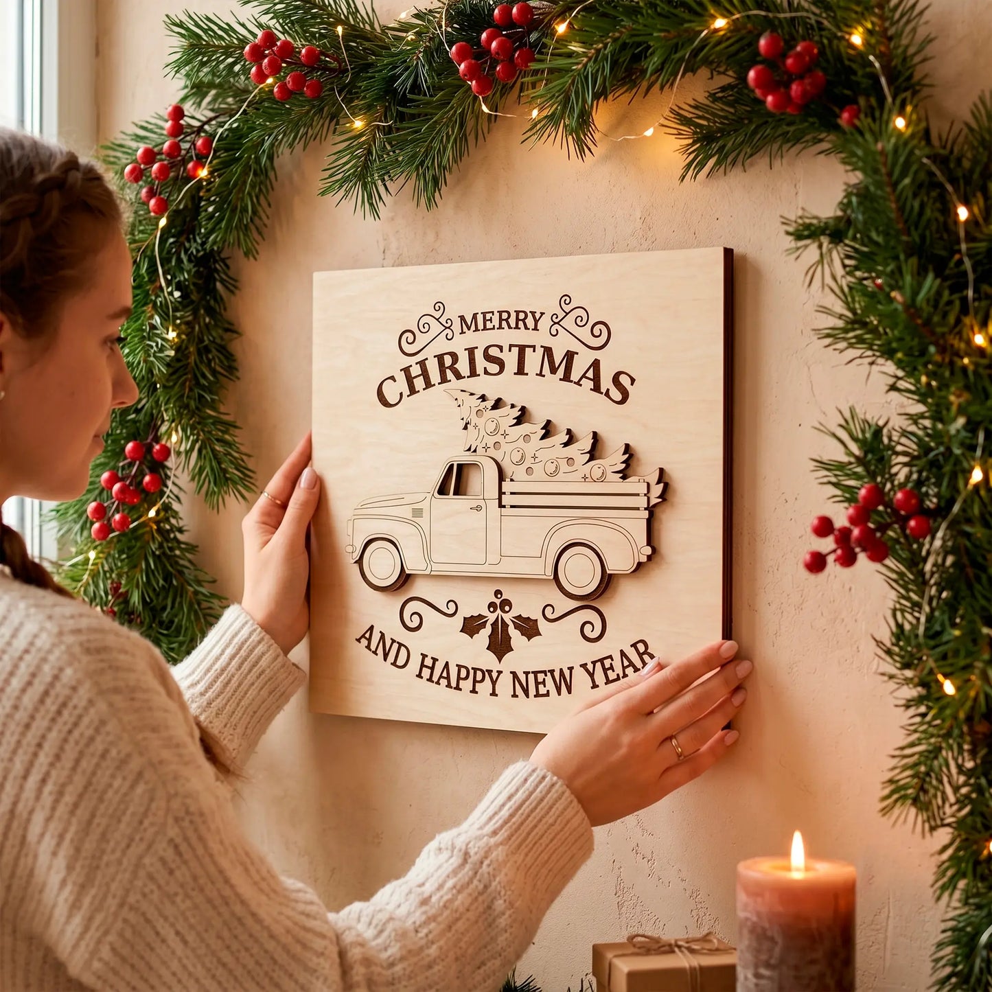 Woman hands hanging a square laser cut plywood Christmas sign on a wall under a pine garland with red winter berries.