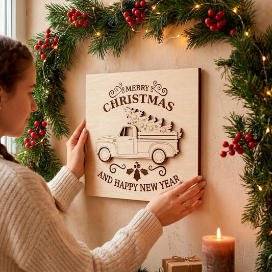 Woman hands hanging a square laser cut plywood Christmas sign on a wall under a pine garland with red winter berries.