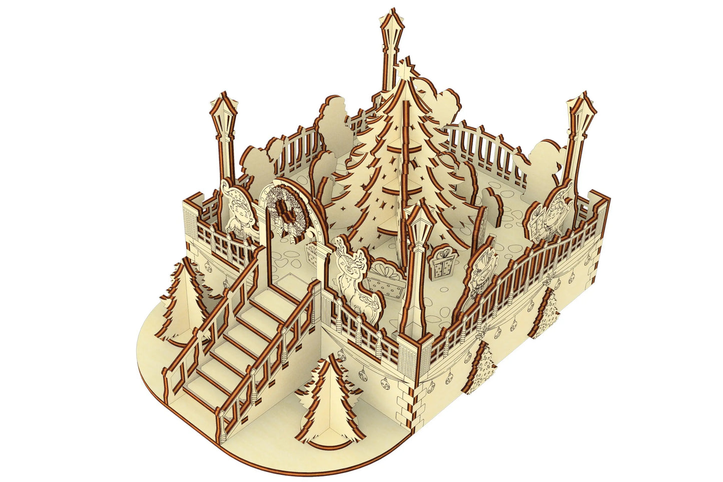 Bird's-eye view render of the miniature holiday plaza puzzle design, made of layered laser cut plywood components.