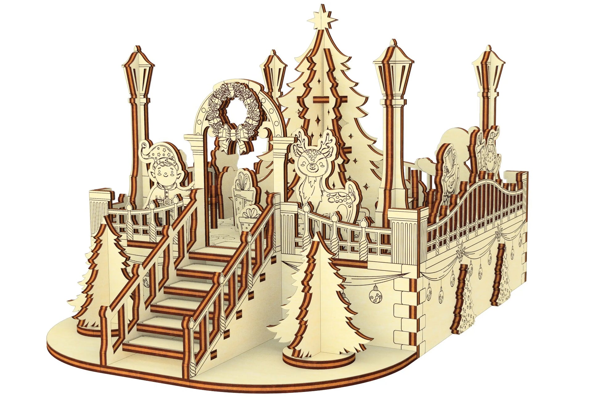 Digital 3D rendering of the festive holiday town square model kit, carefully constructed from laser cut plywood.