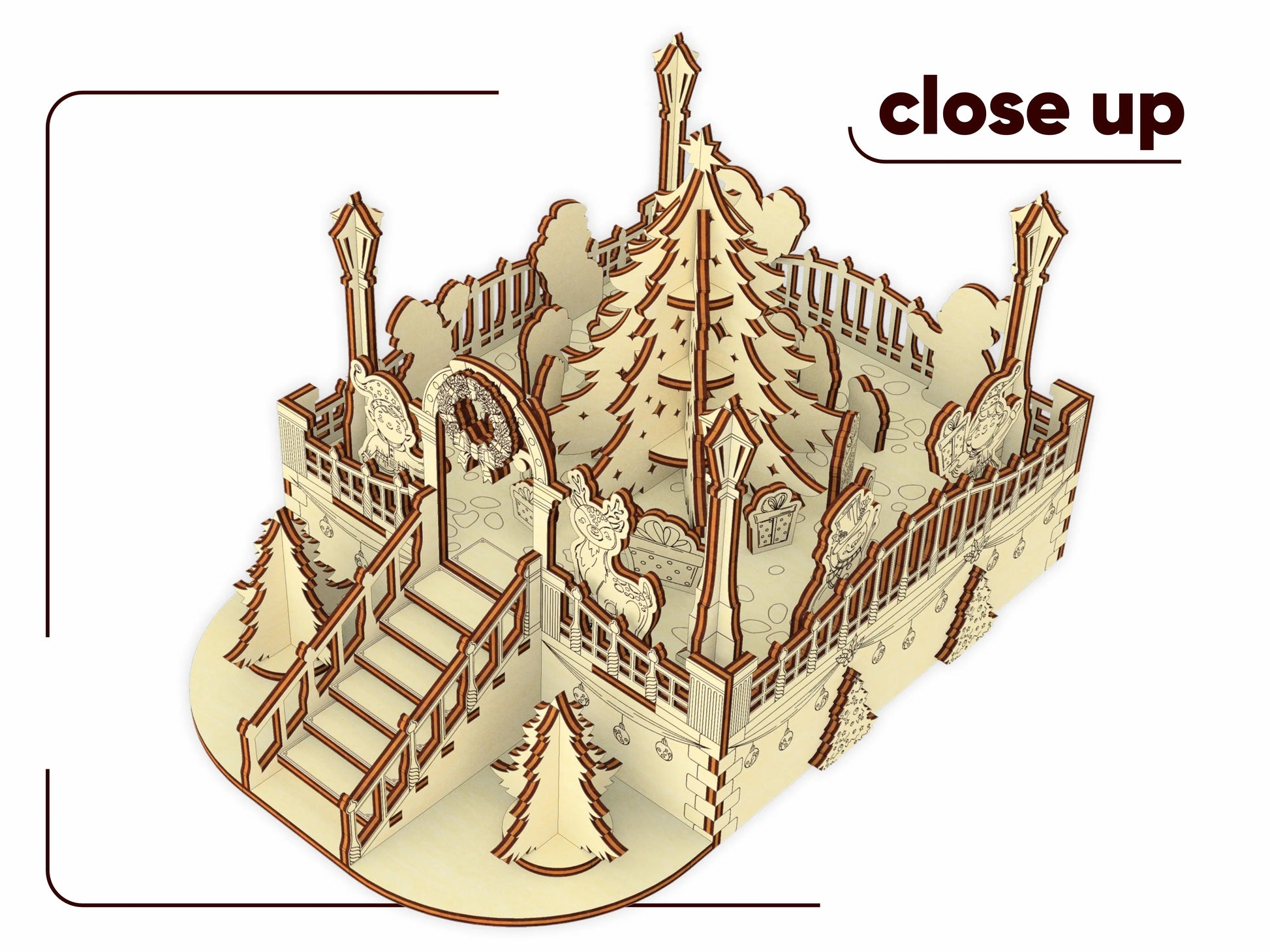 High-angle close-up preview of the Christmas marketplace design, highlighted as a multi-tier laser cut plywood layout.
