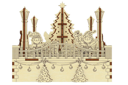Flat front elevation diagram of the winter town project, featuring laser cut plywood elves and engraved Christmas trees.