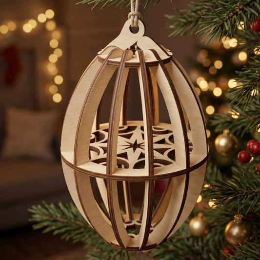 3D laser cut plywood Christmas ornament hanging on a tree, with vertical slats, a snowflake disc and laser-burned wood edges