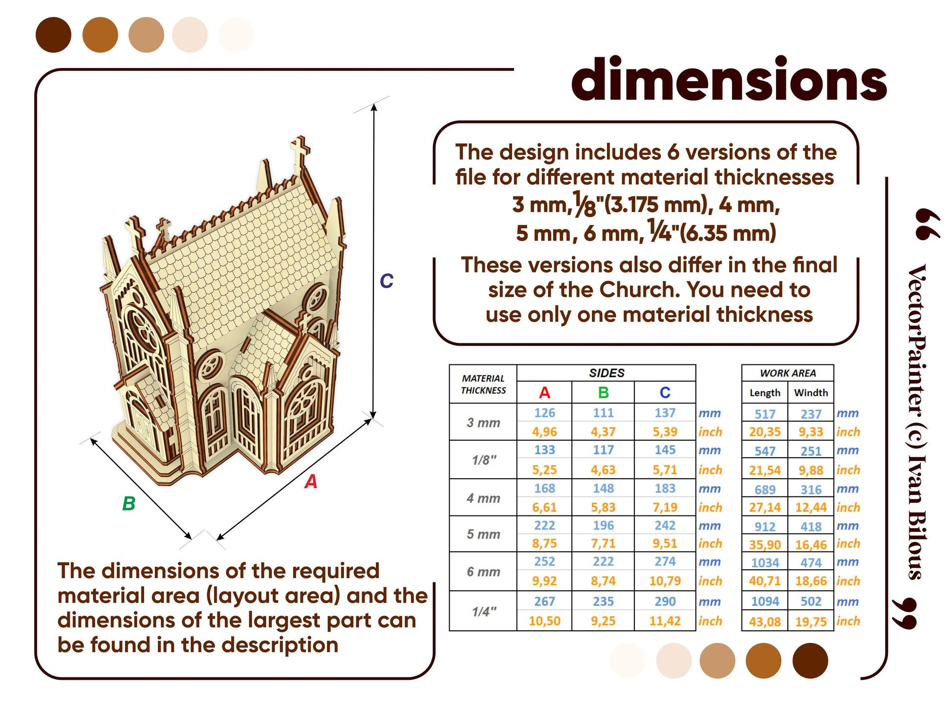 Official technical dimension guide infographic layout with a detailed size chart table for a 3D laser cut plywood church.