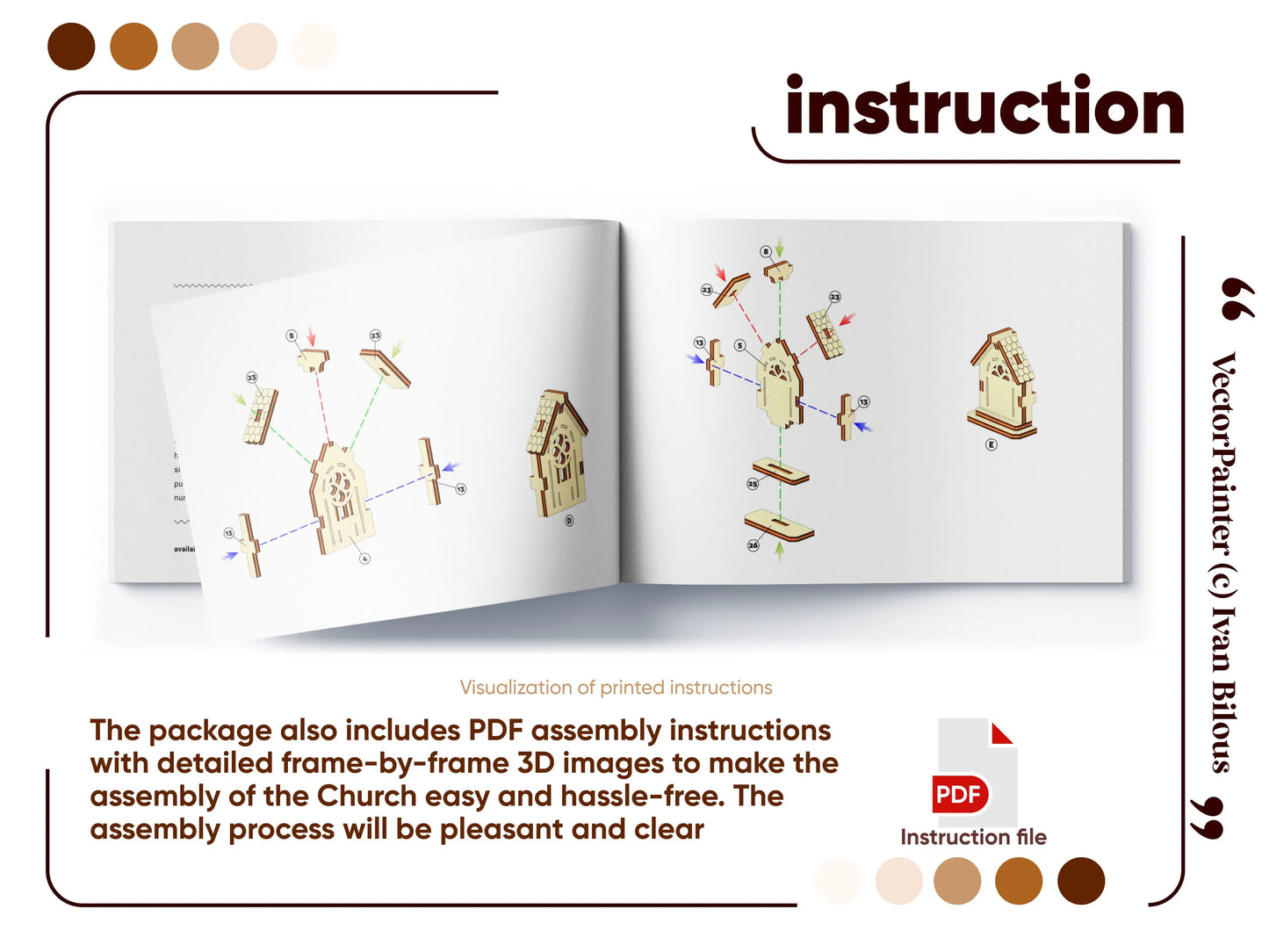 An open assembly instruction booklet featuring detailed step-by-step 3D exploded diagrams for a laser cut plywood church.