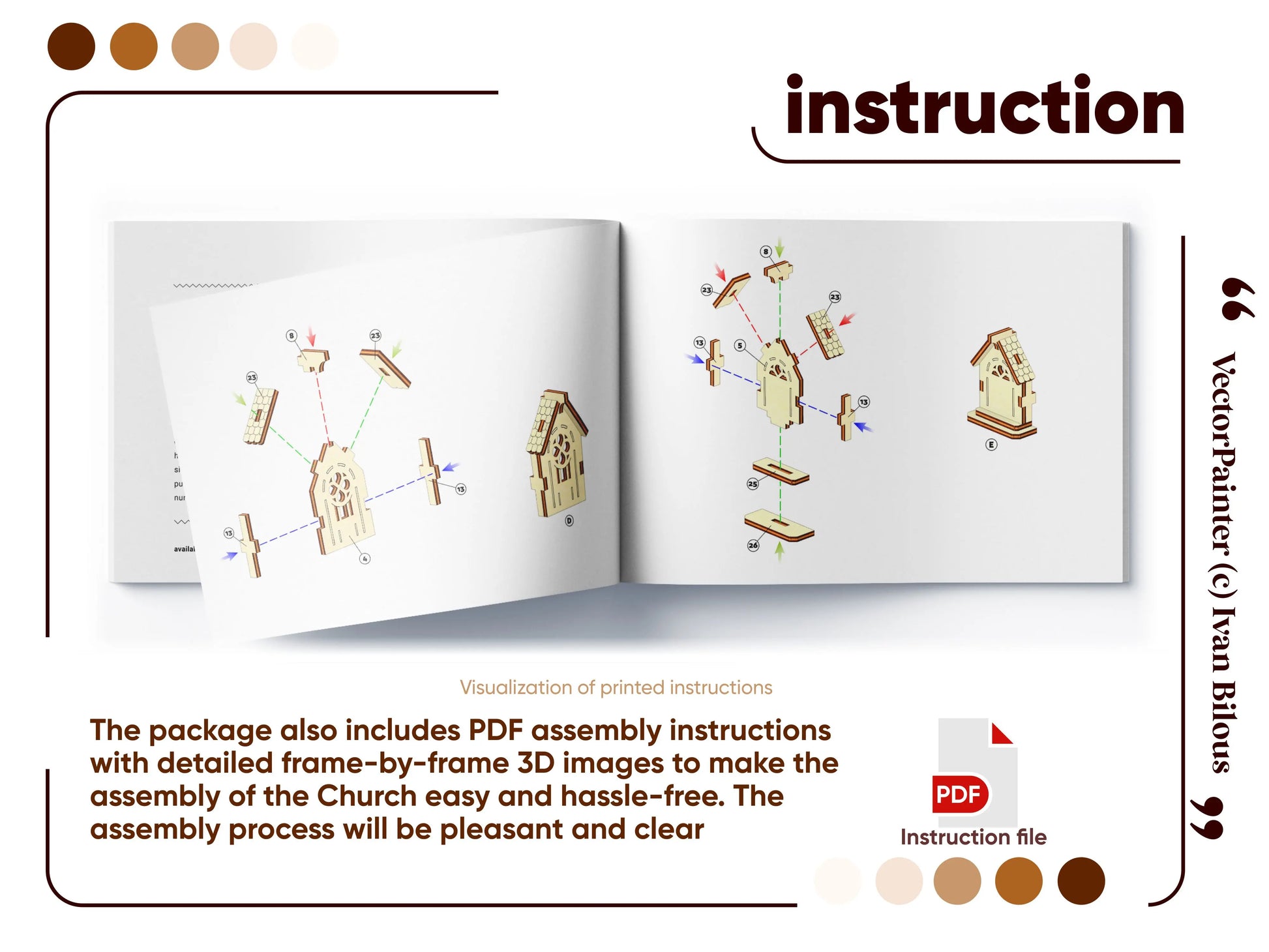 An open assembly instruction booklet featuring detailed step-by-step 3D exploded diagrams for a laser cut plywood church.