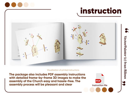 An open assembly instruction booklet featuring detailed step-by-step 3D exploded diagrams for a laser cut plywood church.