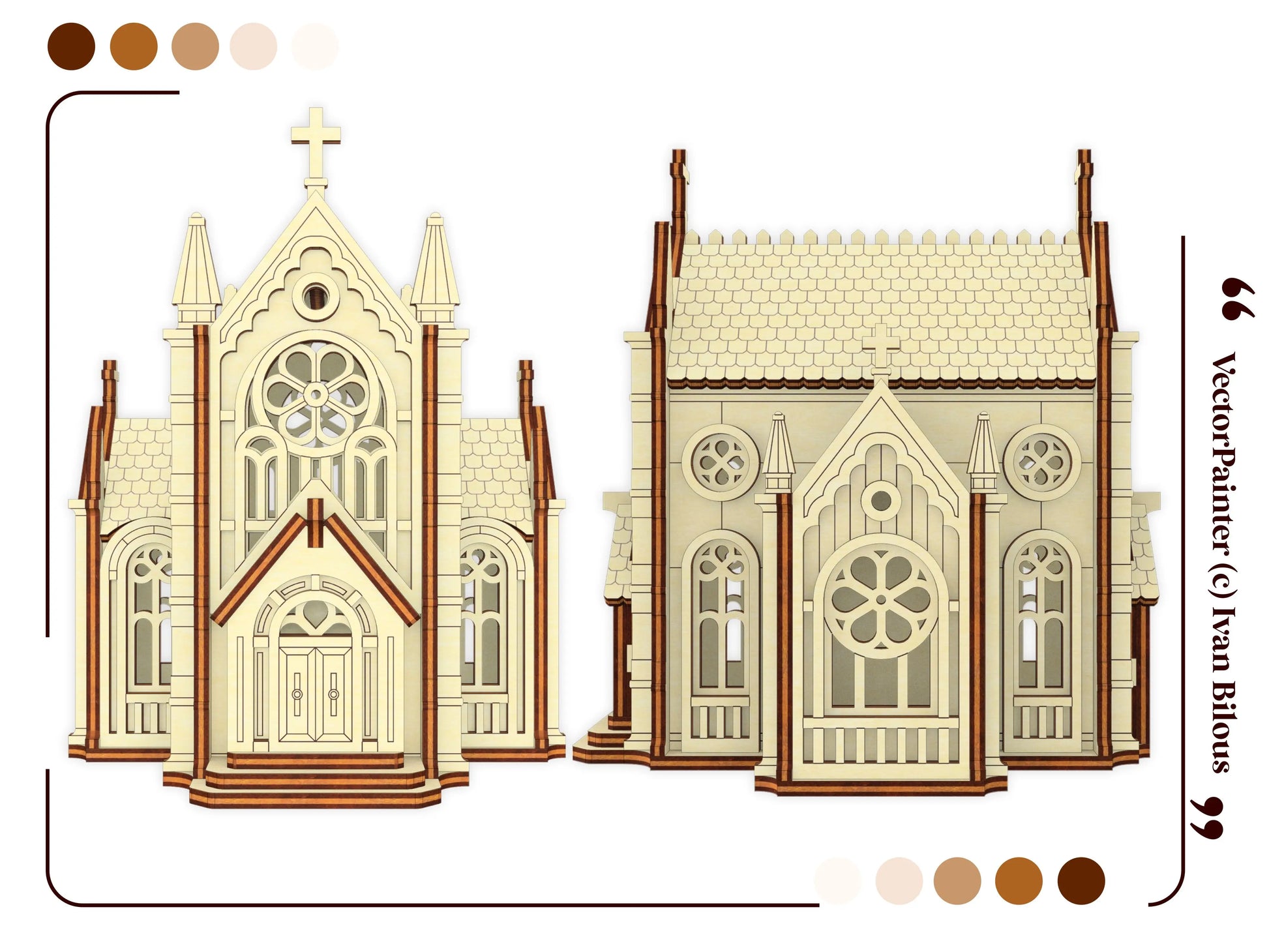 Flat template vector graphic showcasing orthographic straight front and side elevation views of a laser cut plywood church.