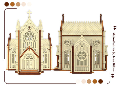 Flat template vector graphic showcasing orthographic straight front and side elevation views of a laser cut plywood church.