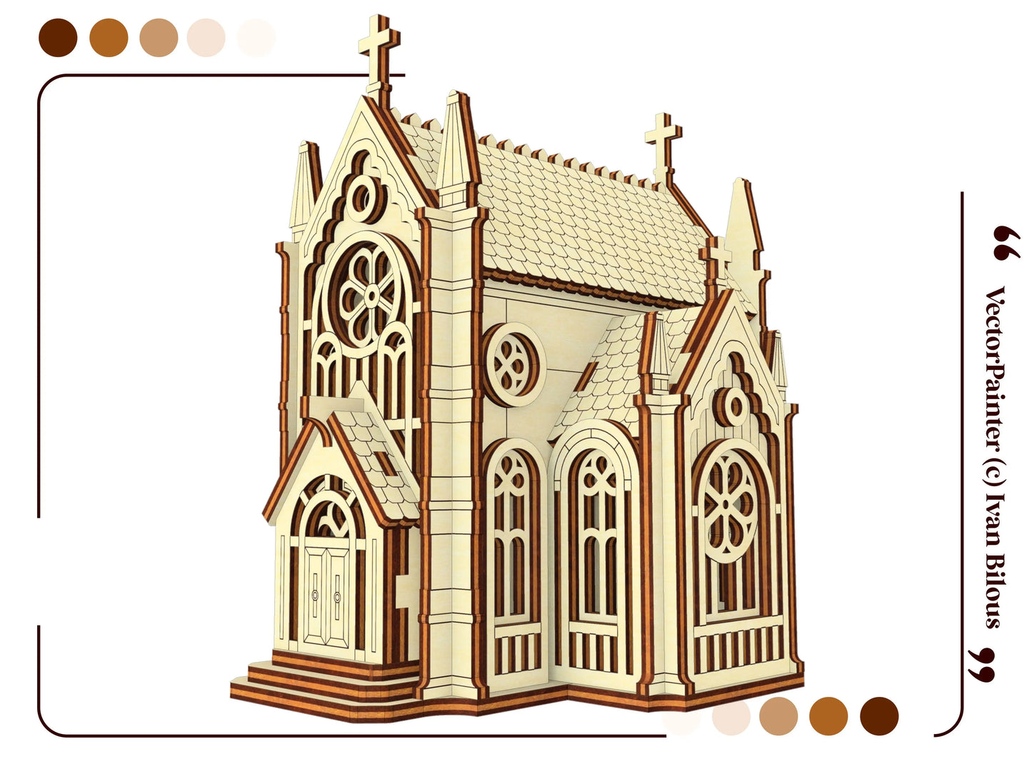 A stunning low-angle isolated perspective mockup render of the completed gothic cathedral made from laser cut plywood layers.