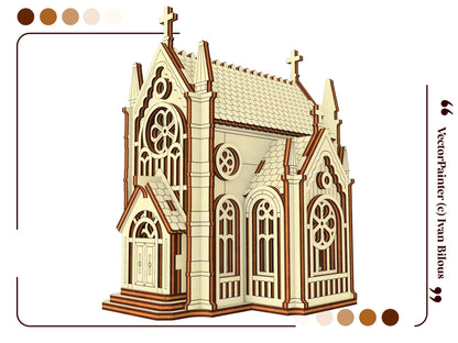 A stunning low-angle isolated perspective mockup render of the completed gothic cathedral made from laser cut plywood layers.