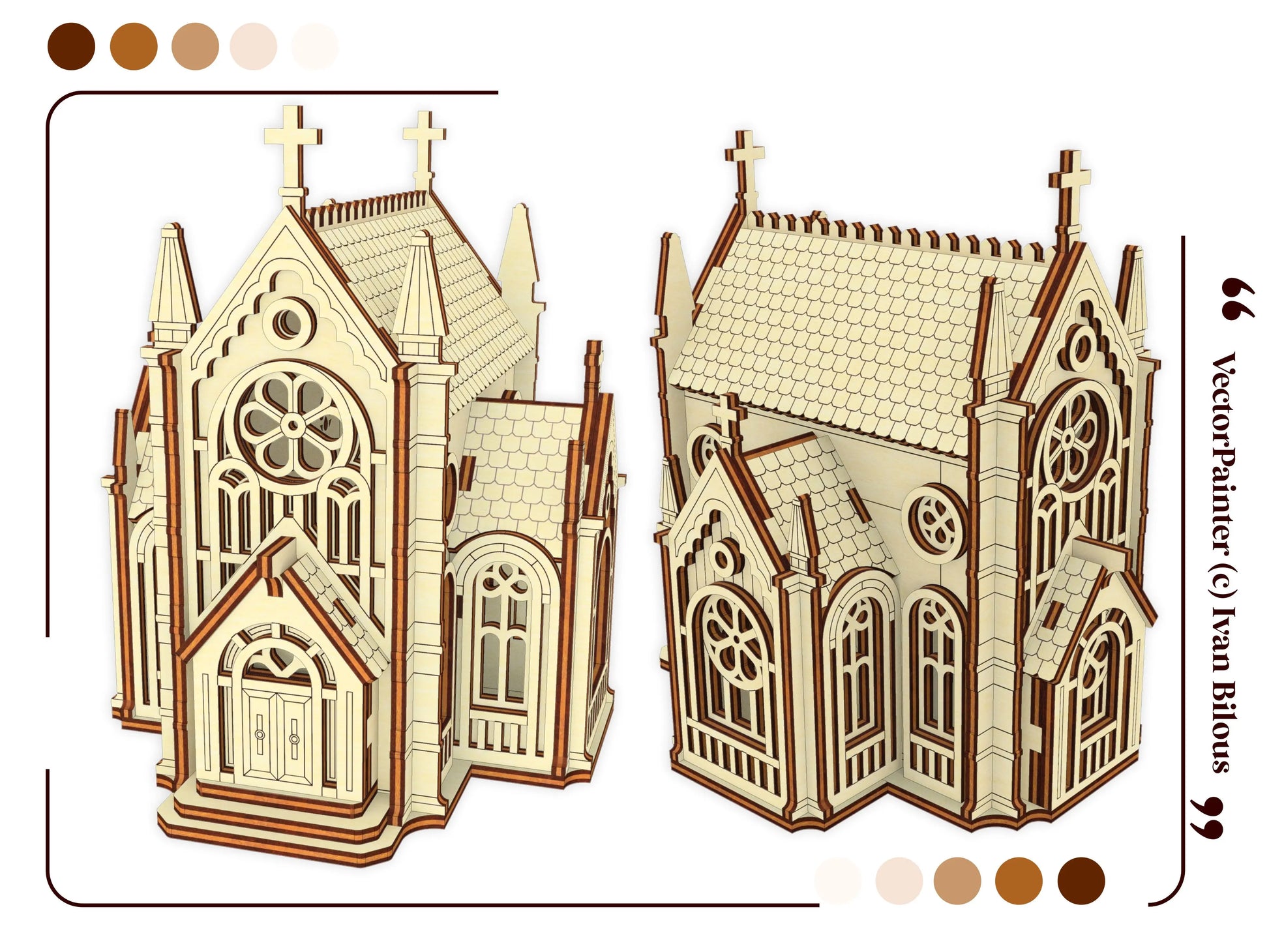 Official template graphic showcasing two digital vector perspective views of a gothic church made of laser cut plywood.