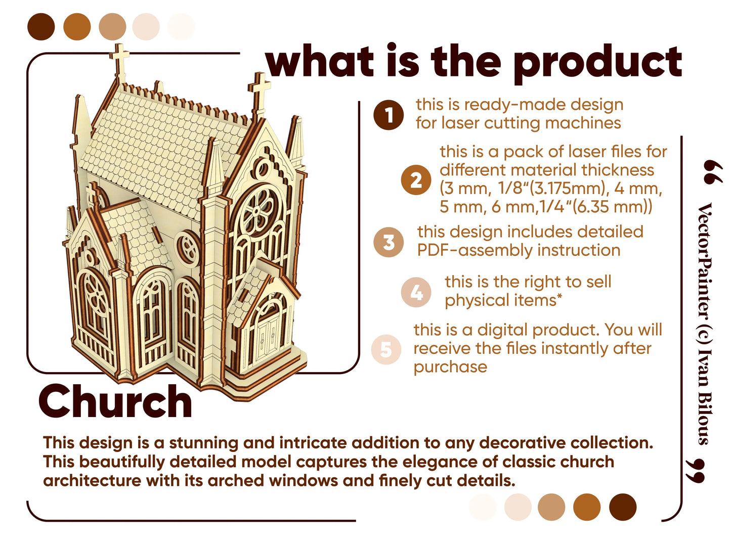 Descriptive product details marketing infographic containing a numbered features list for a laser cut plywood 3D church.