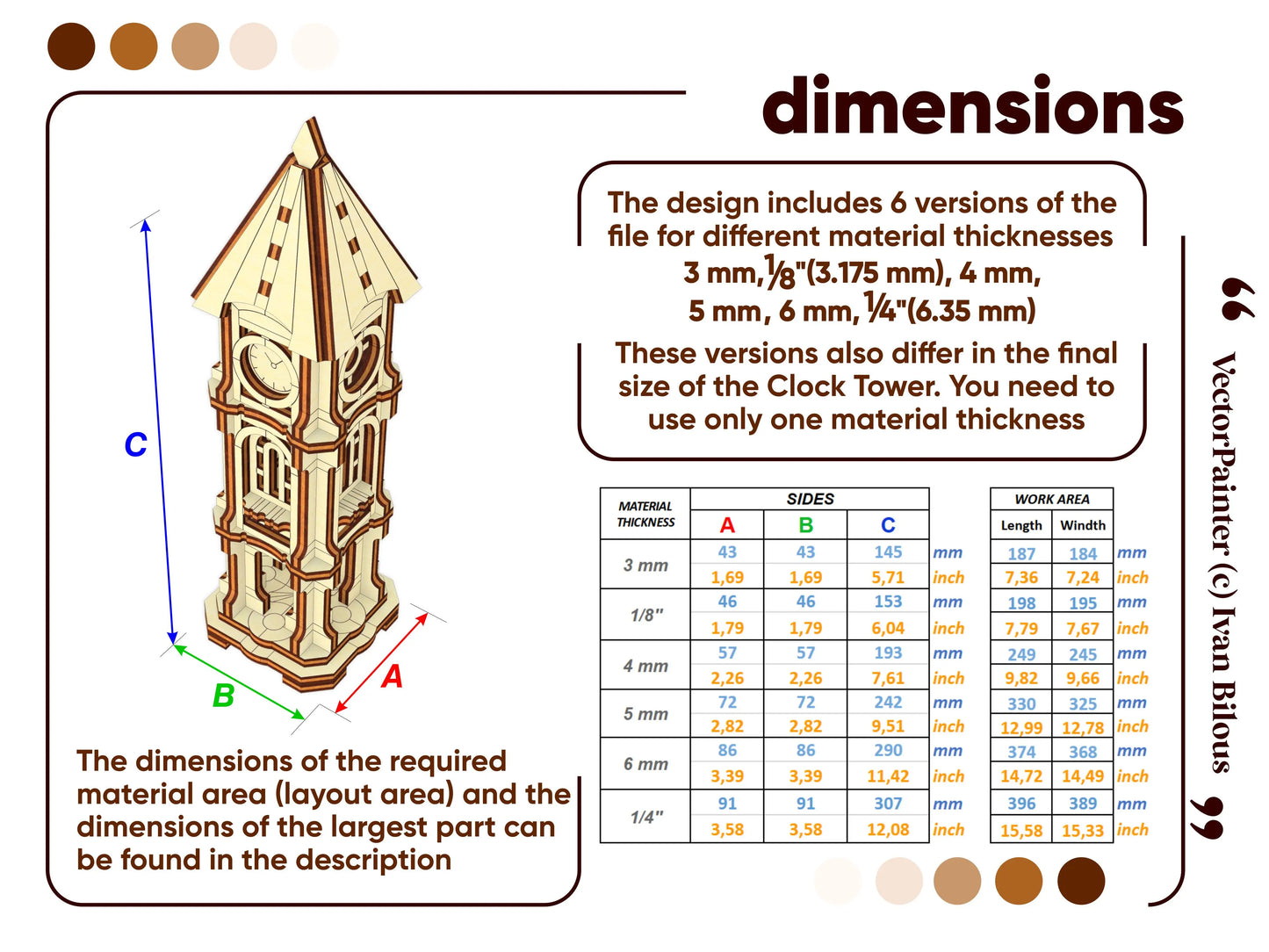 Dimensions and material thickness guide blueprint chart with a comprehensive size data table for a laser cut plywood file