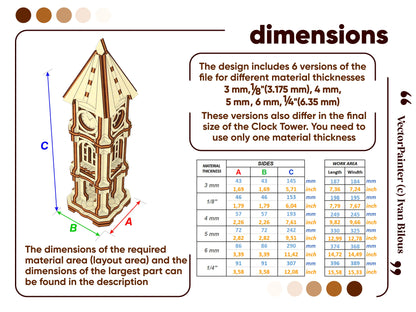 Dimensions and material thickness guide blueprint chart with a comprehensive size data table for a laser cut plywood file