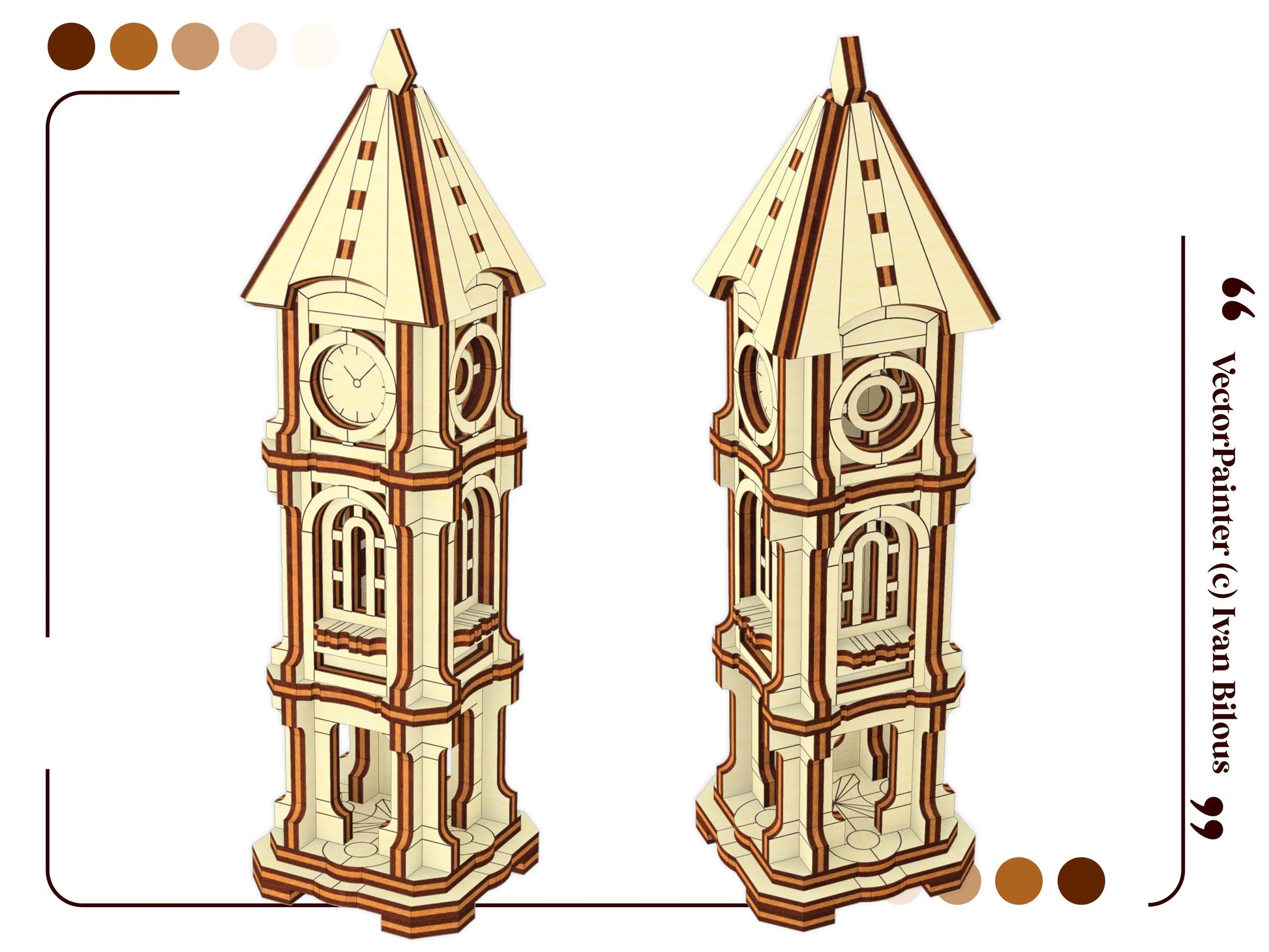Two detailed side-by-side perspective 3D digital model views displaying an old world clock tower from laser cut plywood