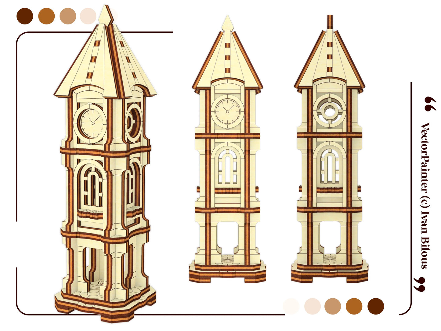 Three multi-angle orthogonal elevation and perspective digital template views of a clock tower made of laser cut plywood