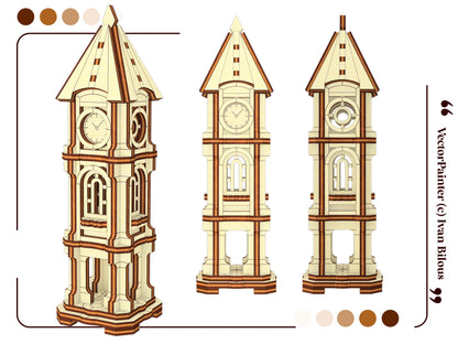 Three multi-angle orthogonal elevation and perspective digital template views of a clock tower made of laser cut plywood