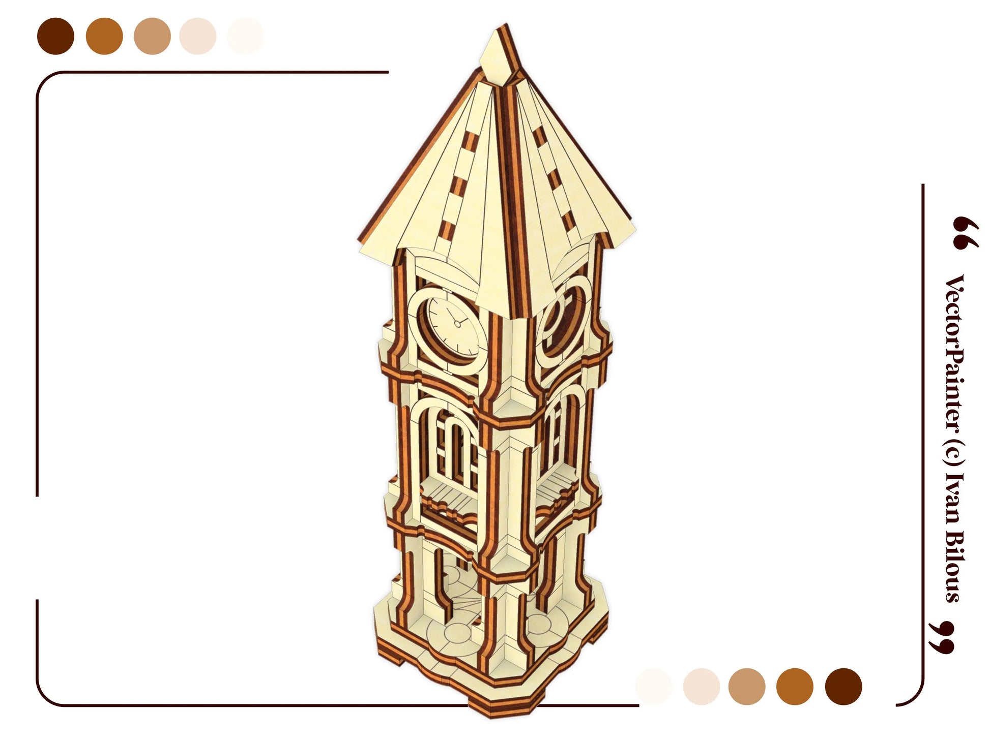A high-angle digital 3D vector model graphic template showcasing a vintage architectural clock tower for laser cut plywood