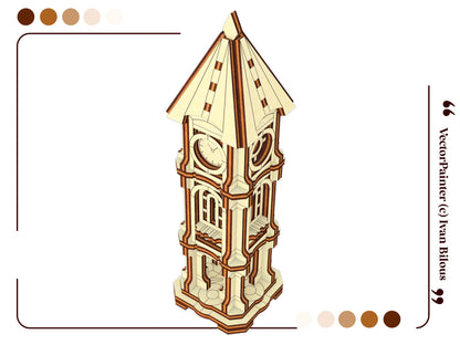 A high-angle digital 3D vector model graphic template showcasing a vintage architectural clock tower for laser cut plywood