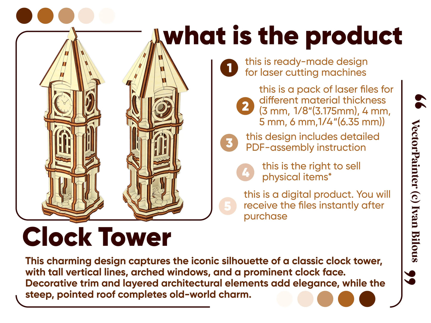 Product features checklist item overview digital infographic presentation for a clock tower project in laser cut plywood