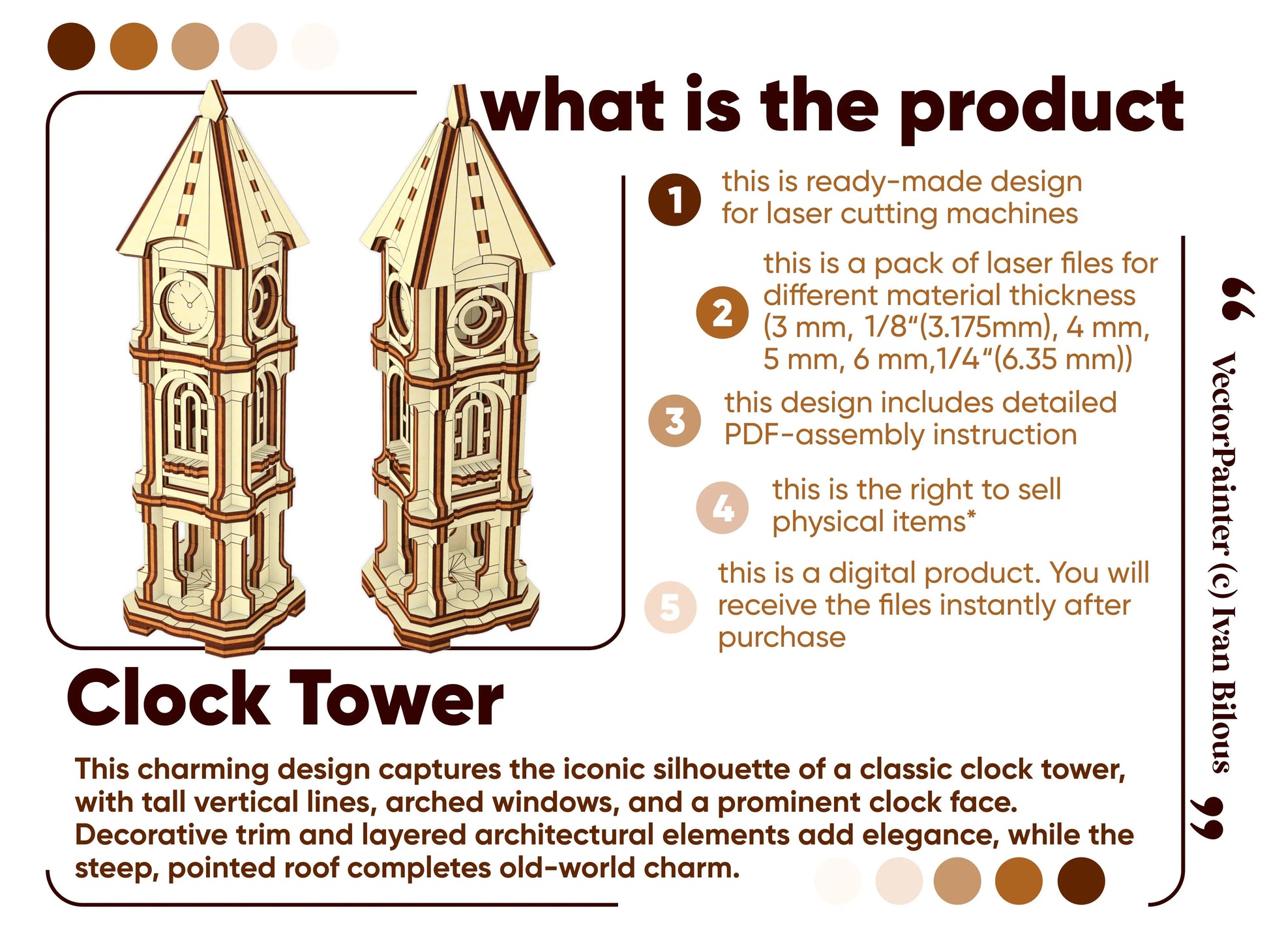 Product features checklist item overview digital infographic presentation for a clock tower project in laser cut plywood