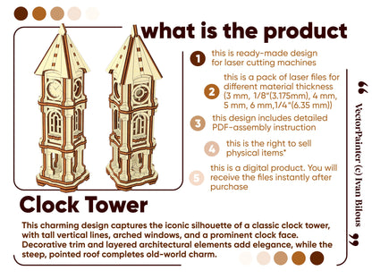 Product features checklist item overview digital infographic presentation for a clock tower project in laser cut plywood