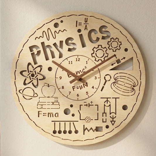 Detailed laser cut plywood wall clock with 'Physics' text, E=mc^2 formula, atom and gear icons, and dark wooden clock hands.