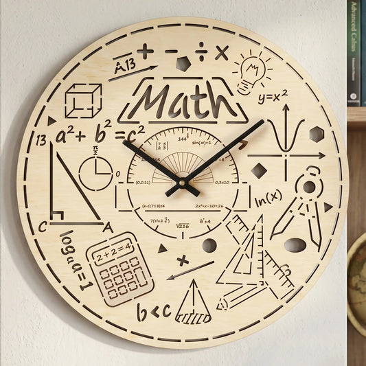 Round laser cut plywood wall clock featuring Math text, formulas, calculator, and geometric icons hanging on the white wall