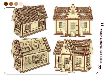Four multi-angle 3D views of an assembled laser cut plywood country house model with small family character standees.