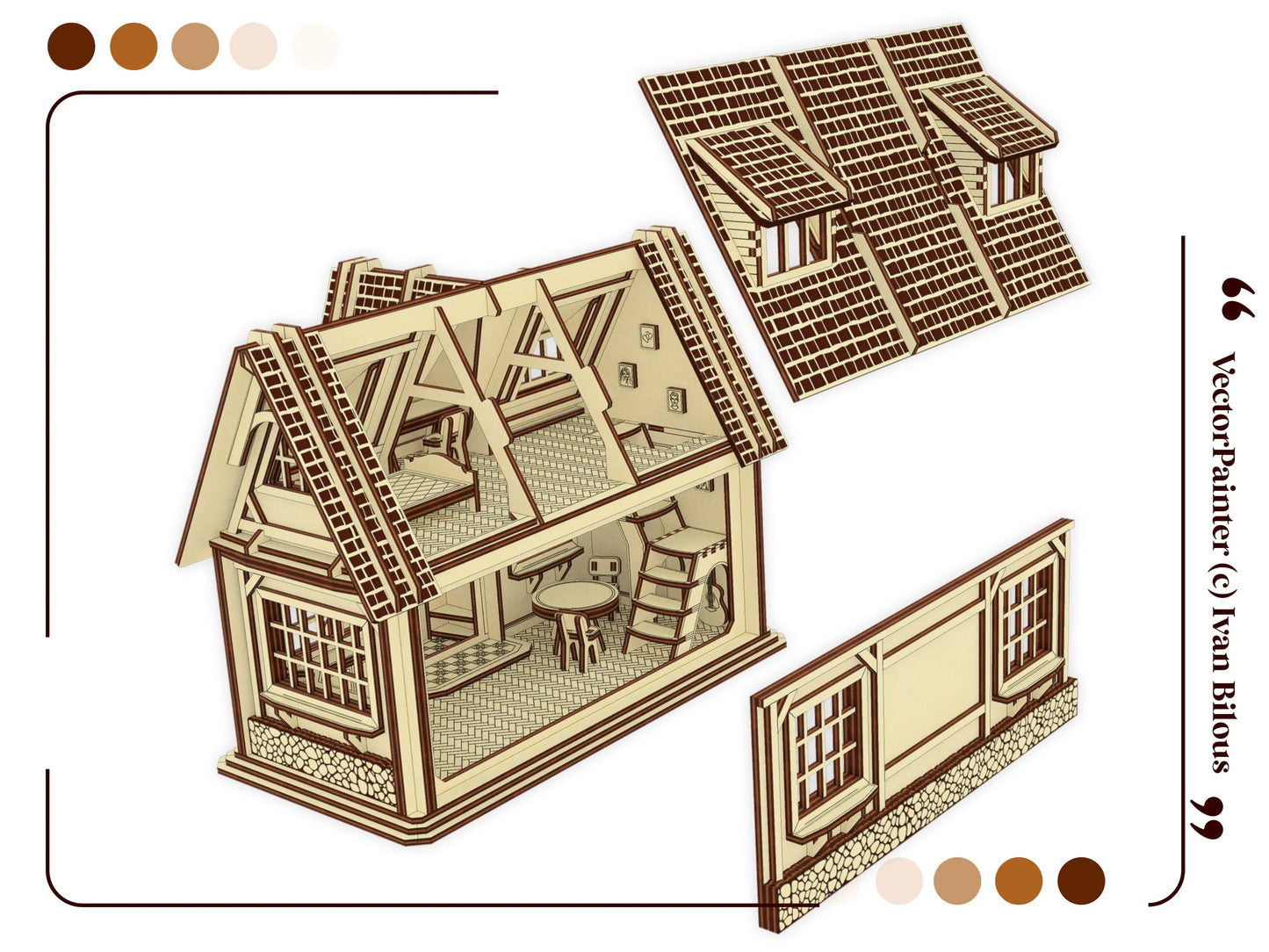 3D exploded view diagram of a laser cut plywood country house model with a detached shingle roof and front wall panel.