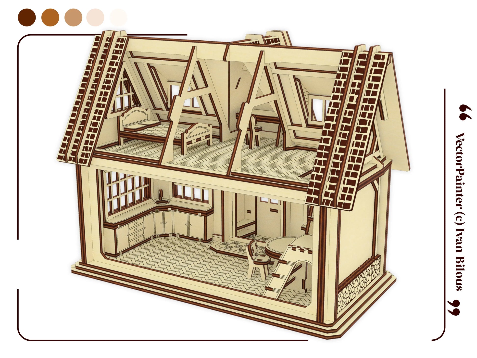 Open back 3D rendering of a laser cut plywood dollhouse revealing a two-story interior layout with miniature furniture.