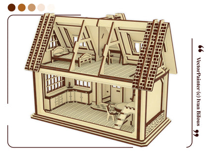 Open back 3D rendering of a laser cut plywood dollhouse revealing a two-story interior layout with miniature furniture.