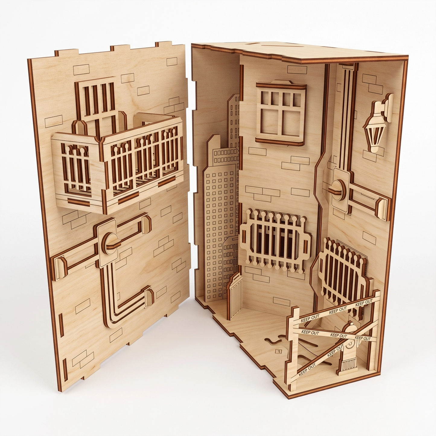 Open-view of a laser-cut birch plywood crime scene book nook showing a balcony, brick walls, and a "Keep Out" police tape barrier.