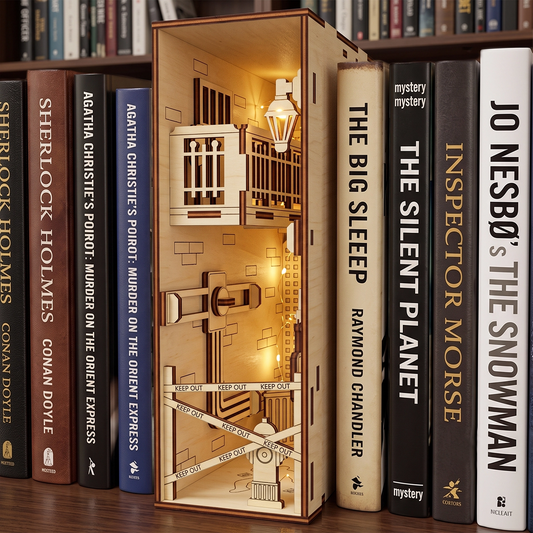 Lit laser-cut birch plywood crime scene book nook on a shelf between mystery books, featuring warm internal lights.
