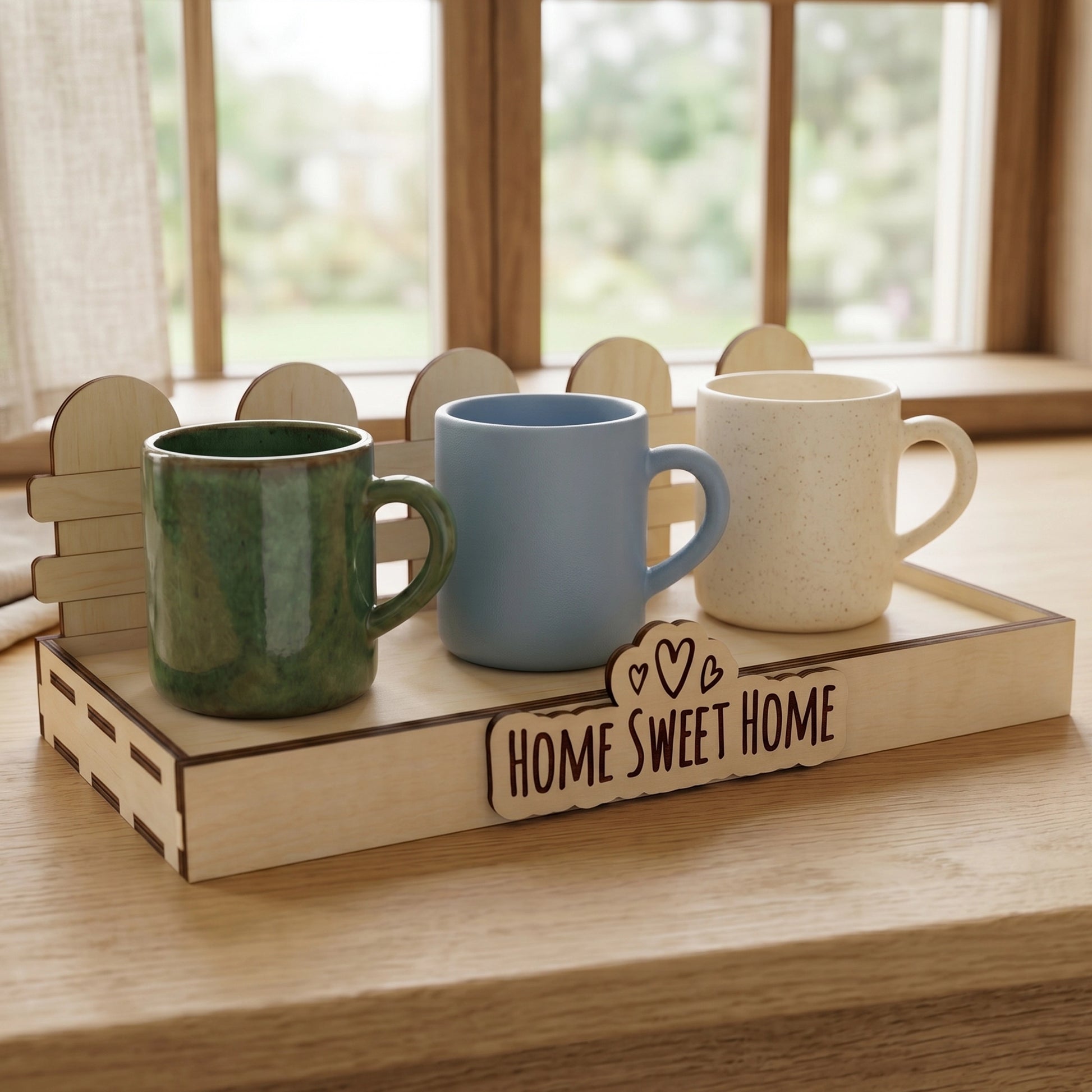 Three ceramic mugs sitting on a laser cut plywood stand with a fence pattern, styled on a table by a bright window.