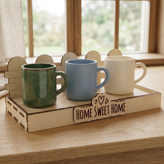 Three ceramic mugs sitting on a laser cut plywood stand with a fence pattern, styled on a table by a bright window.