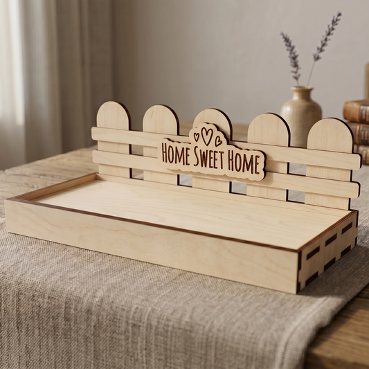 Laser cut plywood cup stand tray featuring a fence backrest and an engraved Home Sweet Home sign with tiny hearts.