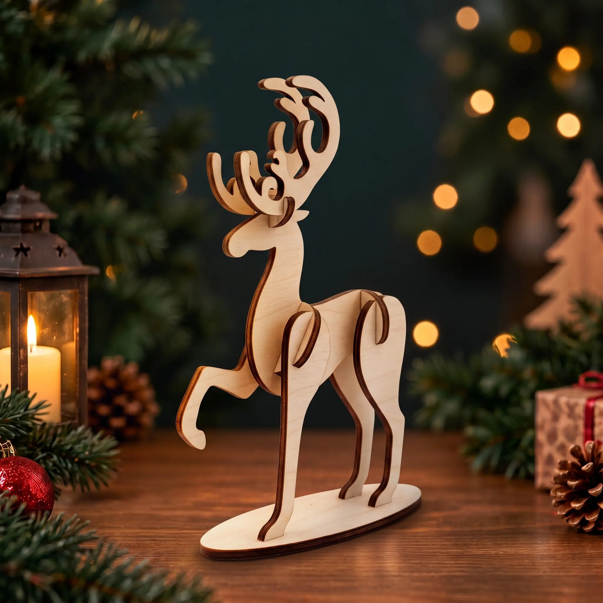 Laser cut plywood standing deer figurine on wooden table with holiday lantern, pine branches, and warm Christmas lights.