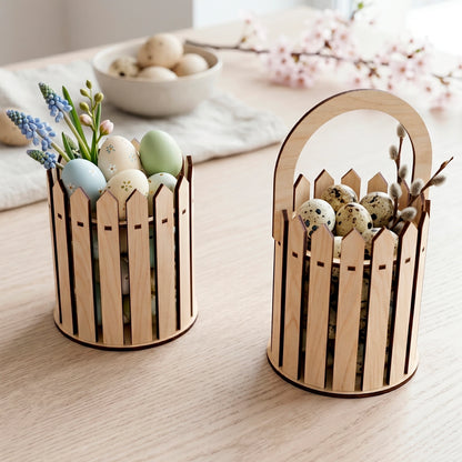 Laser cut plywood Easter basket and picket fence bucket with colorful eggs, pussy willow and muscari on a wooden desk.