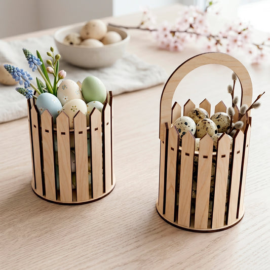 Laser cut plywood Easter basket and picket fence bucket with colorful eggs, pussy willow and muscari on a wooden desk.