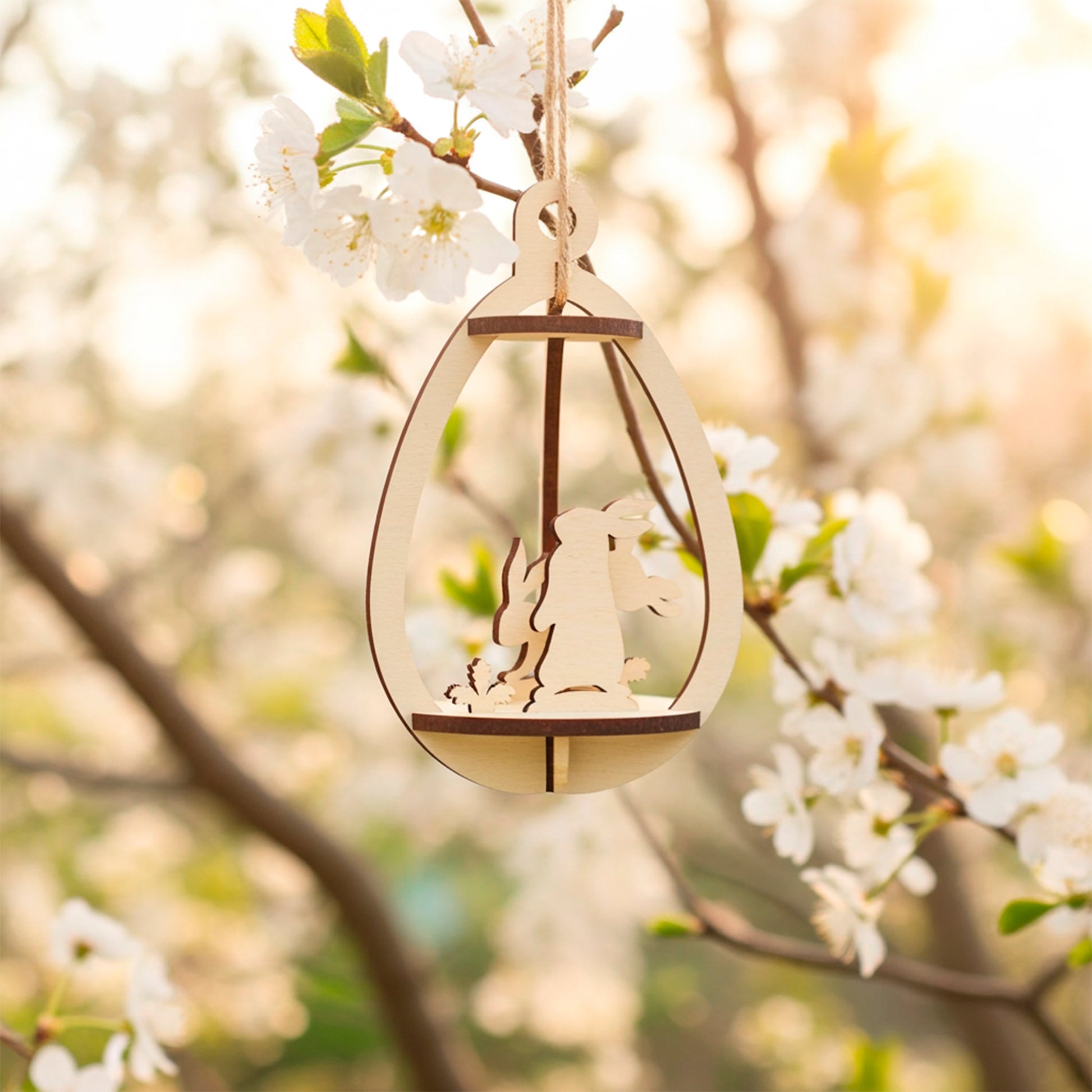 Laser cut plywood wooden 3D Easter egg ornament with a rabbit and foliage design inside, hanging by a string from a blooming white cherry tree branch in warm, soft sunlight, creating a springtime glow